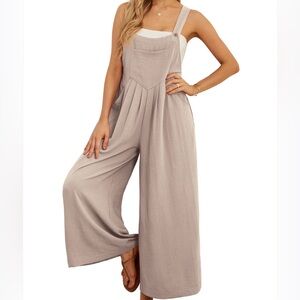 B Famous Women's Beige Overalls Jumpsuits Casual Wide Leg with Pockets L NWT